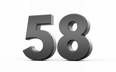 Sleek metallic Black number 58 Fifty eight standing on a white background, 3d illustration