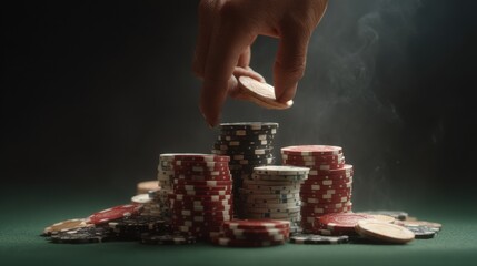 Dramatic casino moment: hand pushing all-in chips on green velvet table