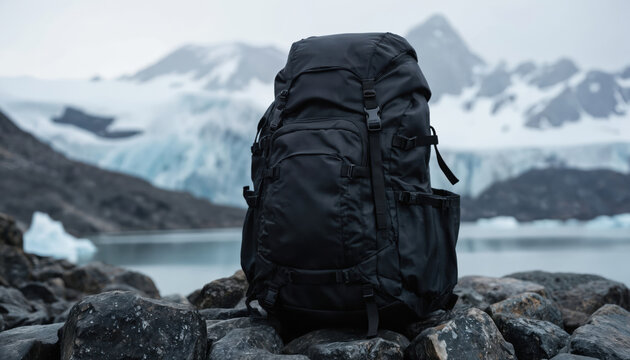 Rugged black hiking backpack with multiple compartments sits on rocks against a backdrop of icy mountains and a glacial lake. Versatile gear for outdoor adventures, travel, and exploration.