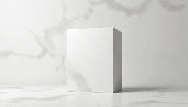 Minimalistic 3D render of plain white box standing upright on clean white surface. Soft shadows create depth, highlight sleek, geometric form. Bright, neutral background offers clean, isolated space