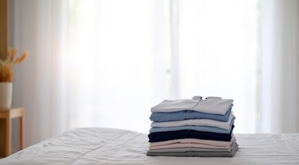 Neatly folded shirts stacked on a comfortable white bed