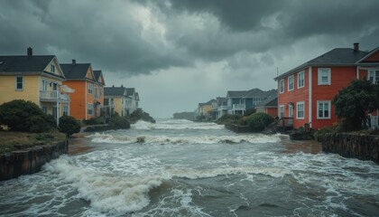 Stormy weather causes coastal village flooding. Streets inundated with rising ocean waves. Houses damaged by extreme weather event. Rural residential area faces destruction, infrastructure issues