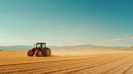 Obraz premium Hardworking farmer expertly operating large modern tractor while plowing vast golden wheat fields under clear blue sky with dust clouds, showcasing rural agricultural determination