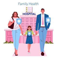Family Visiting Hospital for Health Checkup Vector Illustration