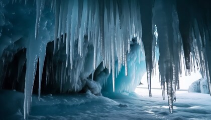 Majestic Blue Ice Cave with Icicles and Snow
