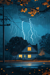 Stormy night with lightning illuminating a cozy house surrounded by trees and rain