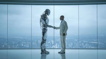 Robot and human shaking hands in modern boardroom - Powered by Adobe
