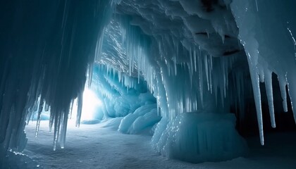 Majestic Blue Ice Cave with Icicles and Snow
