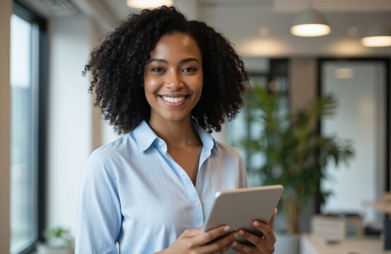 Smiling African American businesswoman holds tablet in modern office. Confident, stylish professional uses tech at her desk. Focus on career success, leadership in contemporary corporate workspace. - Powered by Adobe