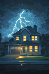 A cozy house illuminated during a thunderstorm with rain pouring and lightning striking