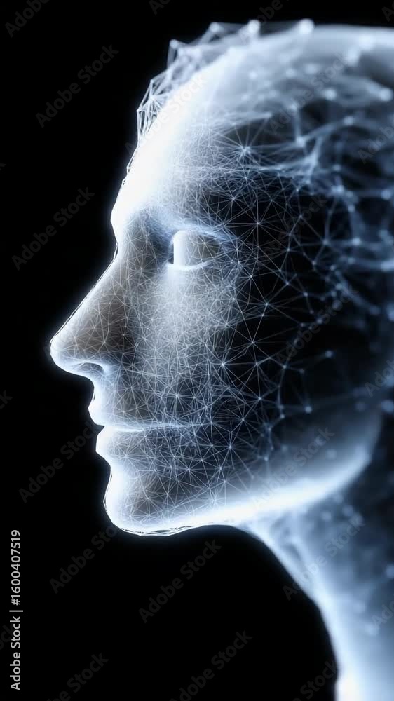 Poster a face made of lines and dots is shown in a black background. the face is made of a lot of lines and