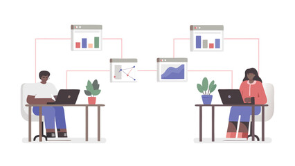 Two people working on laptops connected to data visualizations in a distributed environment setup