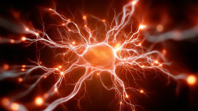 A close up of a brain with many red and white lights. The brain is surrounded by a lot of energy and it looks like it is glowing. The image gives off a feeling of excitement and wonder