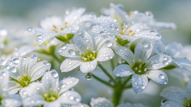 Close up of saxifraga flowers covered in water droplets with a blurred background in soft lighting
