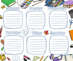 Hand-drawn mockup for the school timetable with school supplies and doodles in the sketch style.