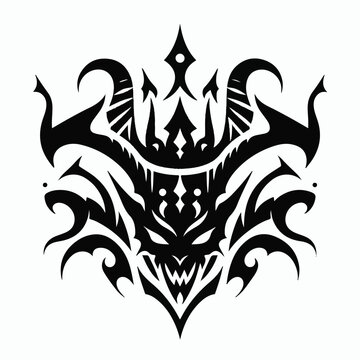 Aggressive Tribal Demon Mask Vector with Large Horns and Ornamental Flames