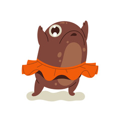 Cute chubby frog is ballet dancer. Adorable toad in pink tutu dances. Funny banded bullfrog is ballerina. Swamp amphibian moves by music. Flat isolated vector illustration on white background