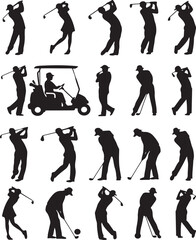 Obraz premium Black and white illustration of various poses of golfers' silhouettes