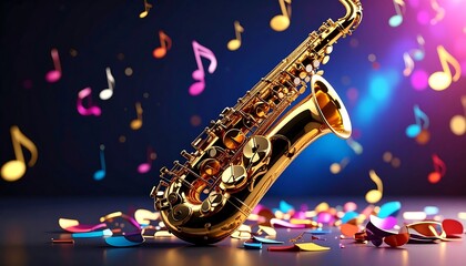 Obraz premium Golden saxophone surrounded by musical notes and confetti
