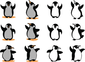 Set of different type of black cute Emperor penguin outline vector illustration