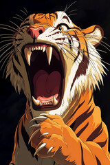 Fierce tiger roaring with bared teeth against a dark background, showcasing its power and majesty