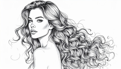 Fototapeta premium Black and white sketch of beautiful young woman with long curly hair. Female beauty. Hand drawn