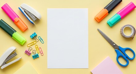 Stationery Items Arranged on Yellow Background with Blank Paper