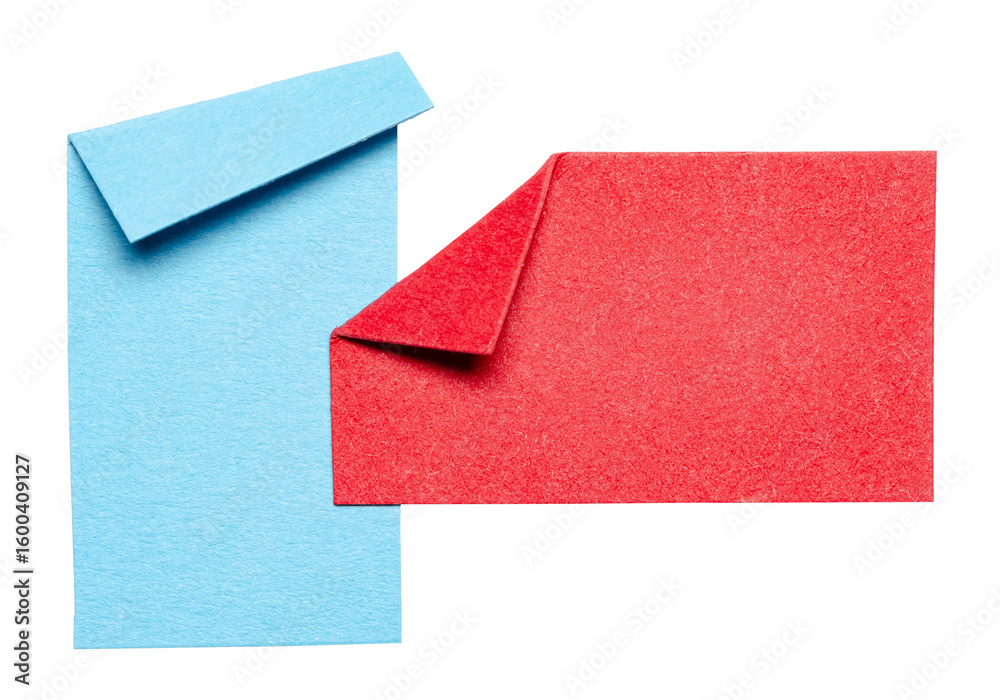 Fototapete two blue red overlapping isolated cut out blank paper notes cardboard with folded corner dog-ear ear