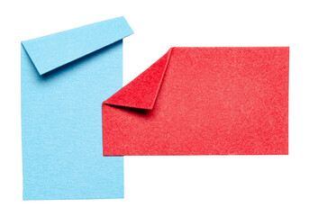 Two blue red overlapping isolated cut out blank paper notes cardboard with folded corner dog-ear...