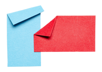 Two blue red overlapping isolated cut out blank paper notes cardboard with folded corner dog-ear earmark and copy space for text, transparent png background design element