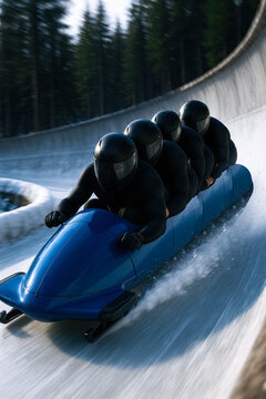 Photorealistic bobsled team tilting into sharp curve on outdoor icy track with snow spray and motion blur. Concept of winter sport, speed, pressure, control, and elite team performance.
