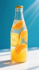 Glass bottle filled with orange slices and juice, set against a bright blue background.