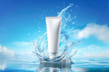 A cosmetic tube with splashes of water and a blue sky. Perfect design material for advertising beauty serums and sunscreen skin care products.
