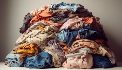 Large Pile of Used Clothes in Various Colors and Fabrics
