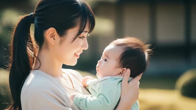 我が子と心を通わせる幸せな時間、屋外で赤ちゃんと向き合うお母さん