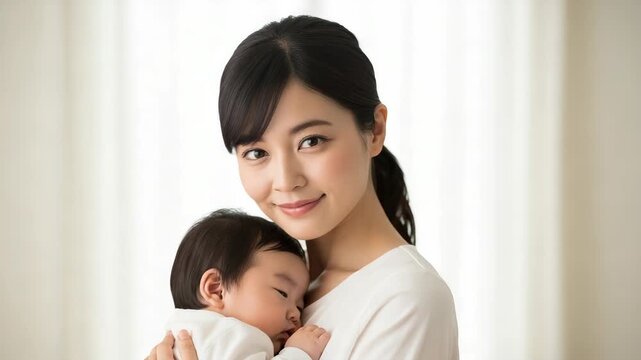 腕の中で眠る我が子を抱きしめ、優しく微笑む若い母親