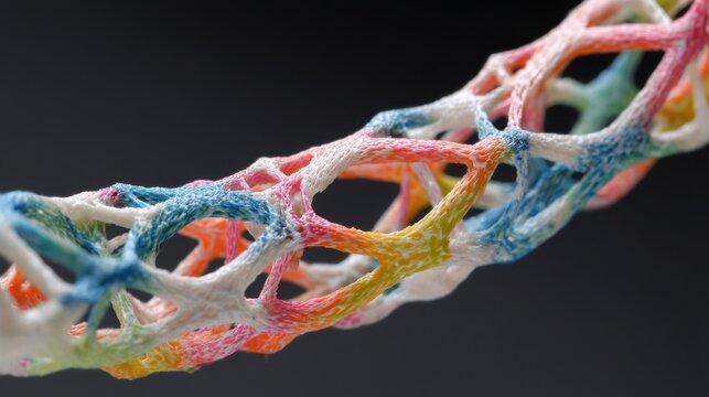 Flexible, multicolored 4d printed medical stent displaying intricate multilayered structure with color variations indicating designed flexing zones against neutral background