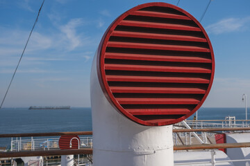 Outdoor promenade boat deck onboard historic luxury ocean liner for guests passengers with ocean...