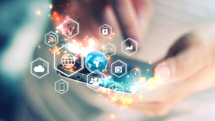 Man Holding Smartphone with Social Media Icons