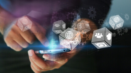 Person Using Phone with Digital Network