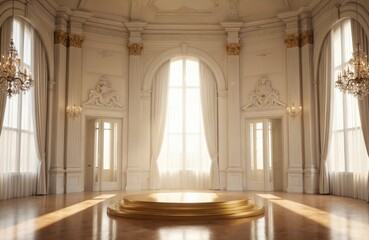 Obraz premium Elegant ballroom featuring golden podium, mirrored reflections. Grand architecture with ornate columns, large windows with sheer curtains, crystal chandeliers creates luxurious atmosphere for events.