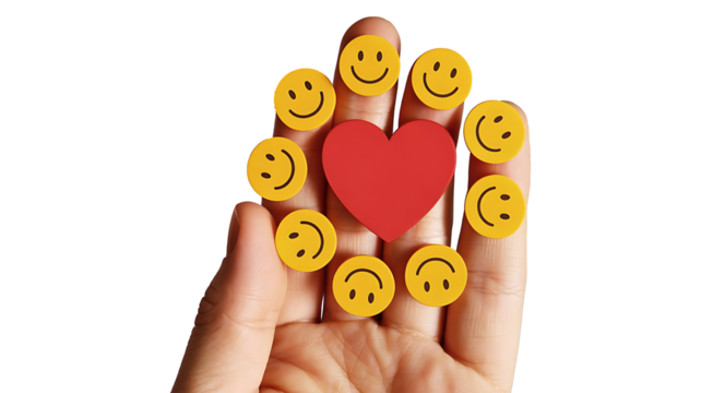Expressing genuine affection and joy through a circle of happy faces surrounding a vibrant red heart.