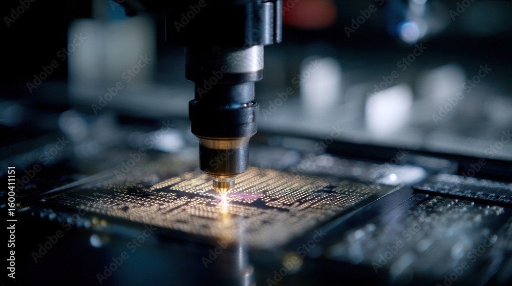 Poster automated laser precisely etches intricate design onto microchip, generating sparks and highlighting