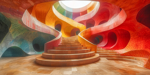 Modern colorful building interior with wooden stairs and curved walls