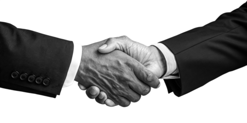 Two businessmen in sharp suits firmly shaking hands, sealing a successful deal with trust and professionalism.