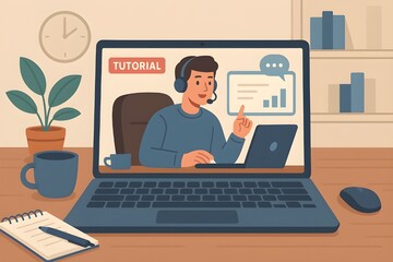 Flat Illustration of an Online Tutorial Instructor Teaching via Laptop in Home Office Setup