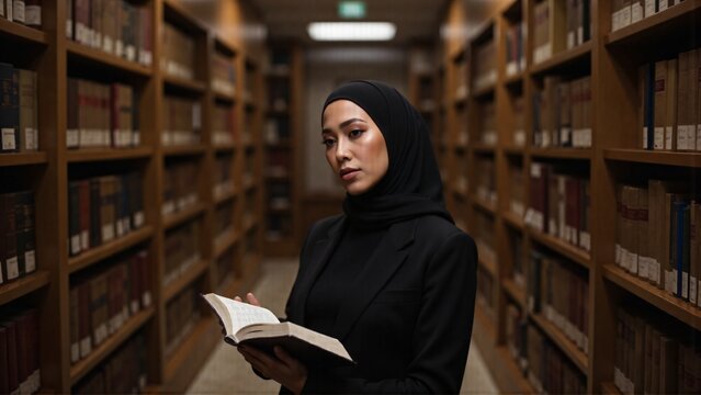 Confident Muslim woman in black hijab reading book in university library aisle, education diversity academic research Islamic scholar knowledge higher learning study literacy cultural heritage empower