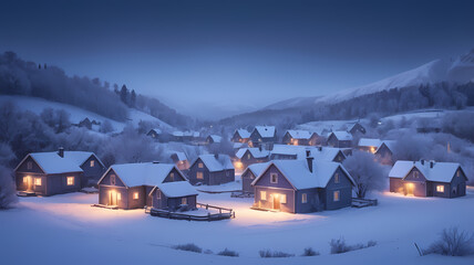 Fototapeta premium A quiet winter village in simple shapes, covered with snow, with soft light from the windows against the background of a cold purple-blue twilight sky