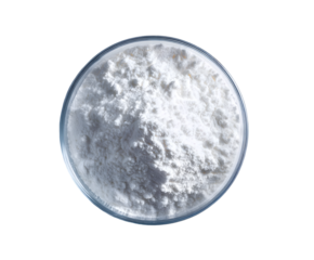 Top-down view of white powder substance inside glass bowl, ingredient concept photography on transparent background