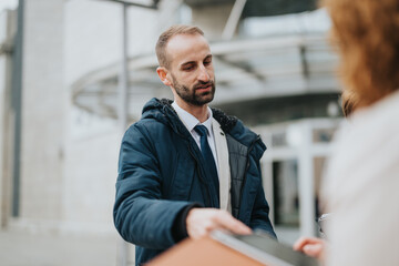 Professional meeting between business people in an urban area. Scene emphasizes communication, collaboration, and a constructive work relationship, symbolizing modern business practices and networking